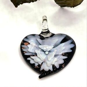 "5/$25" Black/White Flower Art Glass Heart Pendant